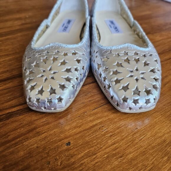 Jimmy Choo Metallic Silver Leather Flats Star Laser Cutout Napa Ballet EU 37.5 - Picture 4 of 8